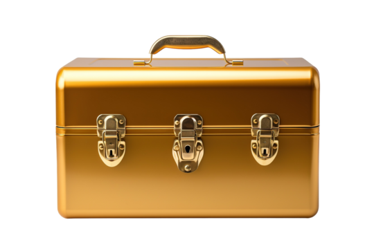 Shiny Golden Toolbox Displaying Luxurious Craftsmanship in Bright Lighting on Transparent PNG Background.
