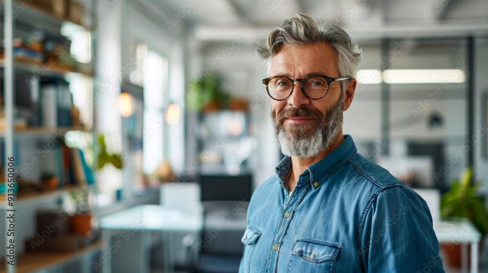 Wall mural portrait of a handsome, stately man in casual clothes standing in the office of a modern office. off