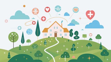 Diagram of public health initiatives replacing reactive healthcare approaches, health systems shifts, proactive wellness strategies