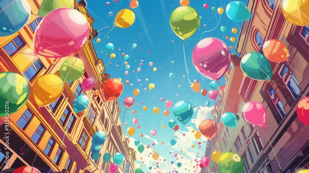 Poster colorful balloons float above a lively city festival, creating a joyful atmosphere filled with excit