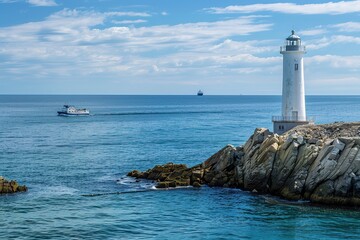 White lighthouse on rocky coast with boats and blue sky.