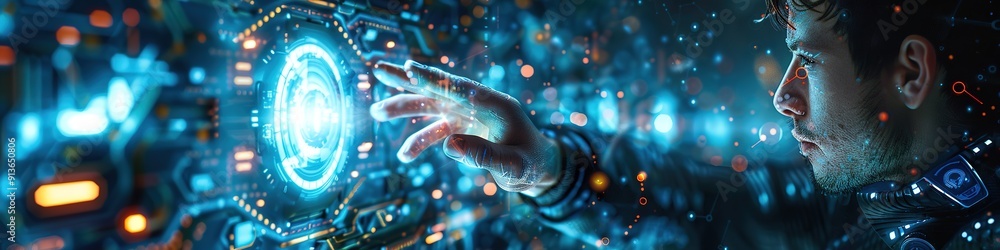 Aufkleber man interacting with futuristic holographic display, tech concep