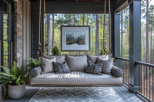 Elegant outdoor porch with rustic architecture, featuring a suspended sofa and plush cushions, surrounded by tall windows overlooking Springhead Park, Southern Carolina.