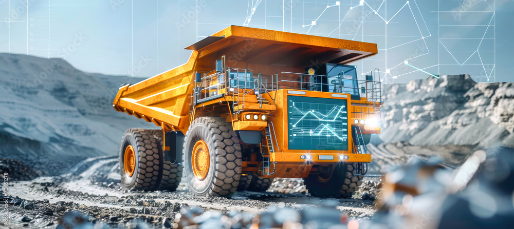 Poster a yellow dump truck moves across a rugged landscape, its dashboard displaying data visualizations an