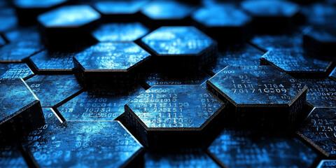 Creative blue hexagonal background with binary code. Technology, design and landing page concept