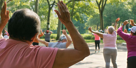 Naklejka premium Senior Group Enjoying Outdoor Exercise Class in Park Setting