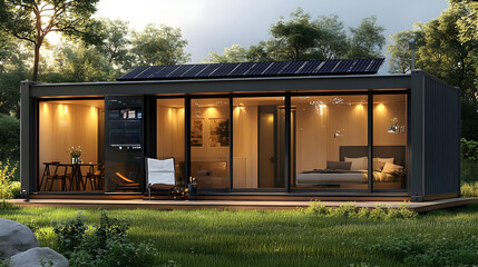 Modern Minimalist Container Home with Solar Panels 3D Illustration