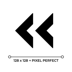 Double left arrow black glyph icon. Symbolizing rewind, previous or back functions in media applications. Mediaplayer. Silhouette symbol on white space. Solid pictogram. Vector isolated illustration