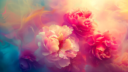 Fototapeta premium A colorful bouquet of pink flowers with a blue background. The flowers are arranged in a way that they look like they are floating in the air. Scene is one of beauty and serenity