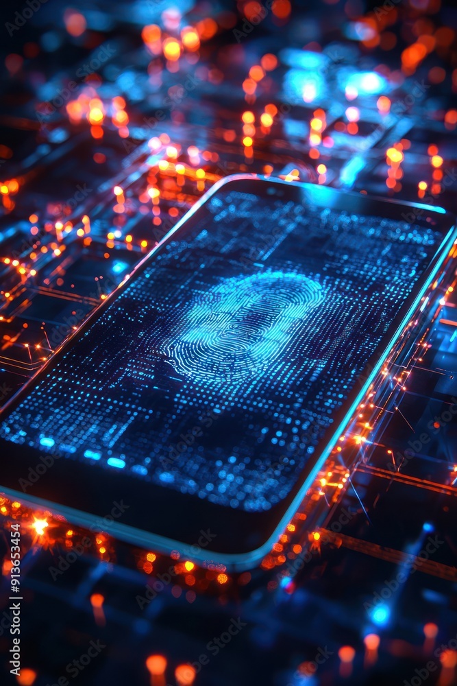 Aufkleber cutting-edge fintech security: smartphone biometric authentication interface with high-tech details 