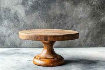 Beautiful round wooden cake stand on a textured concrete background. Kitchen utensil item with generative ai