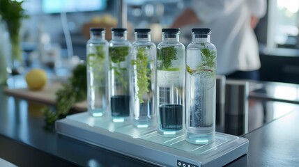 Hydroponic Herb Garden: Fresh herbs thrive in a modern kitchen, growing hydroponically in sleek glass containers, epitomizing sustainable living and culinary innovation.