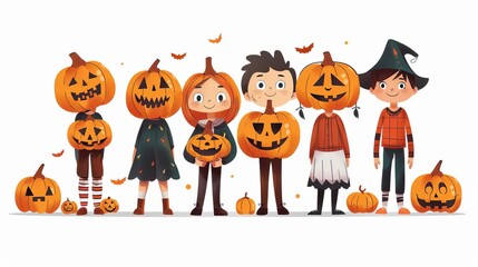 Group of kids with Jackolantern masks, holiday fun, vector art, colorful and detailed, isolated on white background