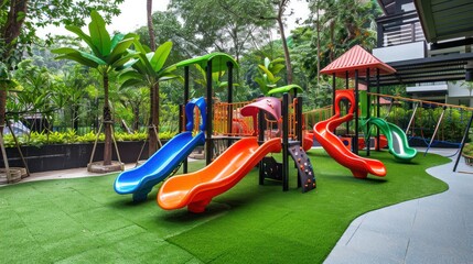 Colorful Playground in a Lush Green Garden