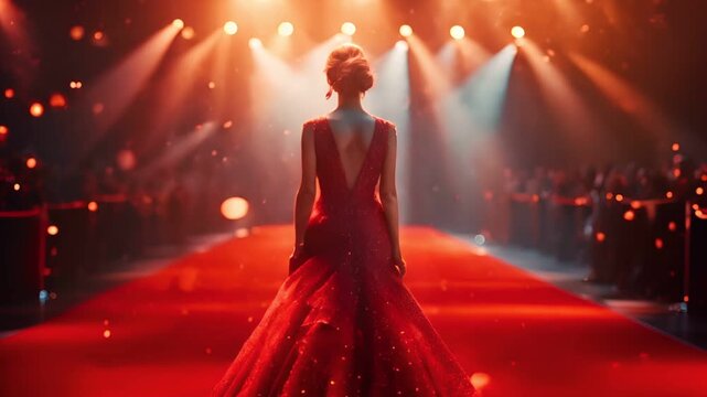 Woman in a sparkly gown walks down a red carpet with flashing lights and a cheering crowd.
