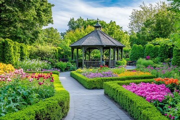 Fototapeta premium Gazebo in a Lush Garden with Stone Pathway