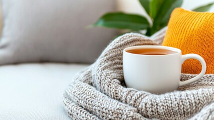 Cozy autumn setting with tea and a knitted blanket
