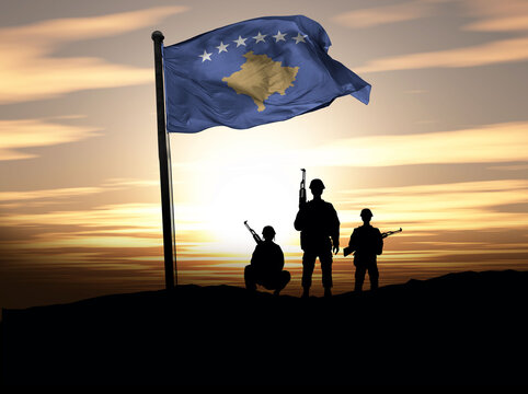 Kosovo Independence Day, Kosovo flag with soldiers. Photo Illustration