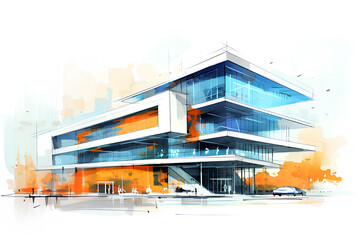 anamorphic Modern corporate building architecture sketch design, orange strokes. aerial view Modern corporate building architecture sketch design mix, blue green watercolor strokes