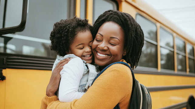 A black woman sending her daughter off to school in front of a school bus, hugging and happy