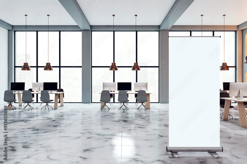 Aufkleber Clean designer coworking office interior with empty white mock up banner, panoramic windows, city view and designer wall with illuminated pattern. 3D Rendering.