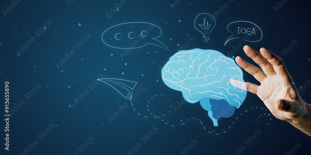 Poster Close up of businessman hands using creative AI brain on dark background with mock up place. Artificial intelligence and machine learning concept.