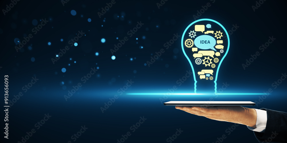 Poster close up of male hands holding smartphone with creative digital gears light bulb hologram on blurry 