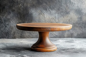Beautiful round wooden cake stand on a textured concrete background. Kitchen utensil item with generative ai