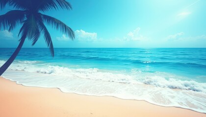 Obraz premium Tropical Beach with Palm Tree and Blue Sky.