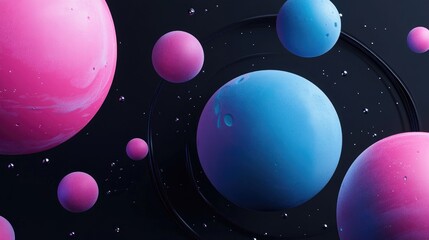 Fototapeta premium 3D render of retro-inspired space with pink and blue planets, black gradient background, and minimalist design.