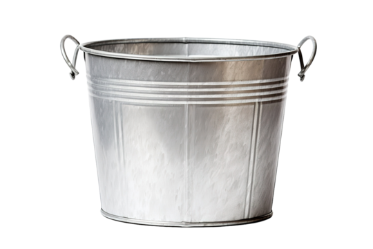 Sturdy Galvanized Bucket Resting on a Clean Surface in Bright Natural Light on Transparent PNG Background.