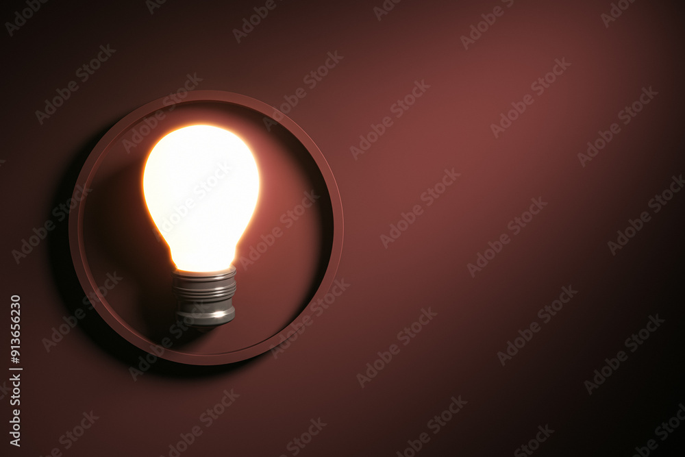 Poster Glowing lamp on creative dark brown background with mock up place. Solution and innovation concept. 3D Rendering.