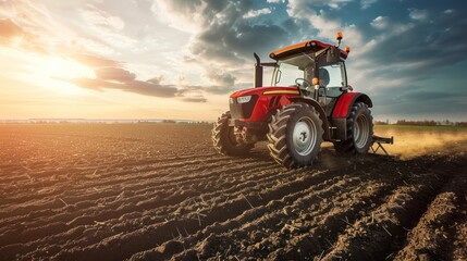 Obraz premium A red tractor is in a field with a beautiful sunset in the background