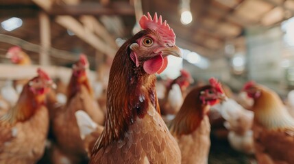 A group of chickens are standing in a poultry farm