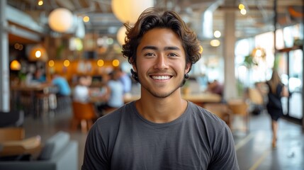 Fototapeta premium A Young Man Smiling Happily in a Vibrant Café With Modern Decor During Daytime