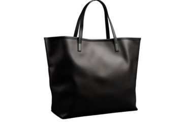 Elegant Black Tote Bag Displayed Against a Minimalist Background in Natural Light on Transparent PNG Background.
