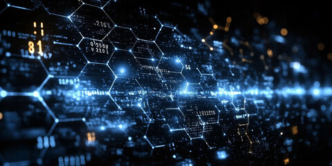 Fototapeta premium Creative blue hexagonal background with binary code. Technology, design and landing page concept