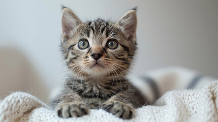 Visualize a kitten sitting in the center of a cyclorama in a photography studio, with soft, diffused lighting enhancing its fur and features