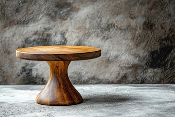 Beautiful round wooden cake stand on a textured concrete background. Kitchen utensil item with generative ai