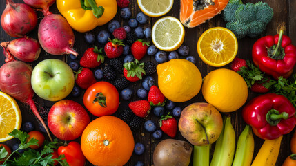 Close-up of a variety of fruits on a wooden table. Fresh fruits and vegetables on the surface. Food concept.