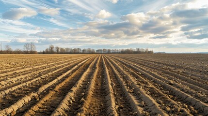 A large field of dirt with a few trees in the blue sky background.