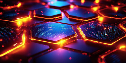 Creative blue hexagonal background with binary code. Technology, design and landing page concept