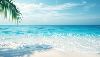 Tropical Beach with Blue Ocean and Palm Tree Shadow.