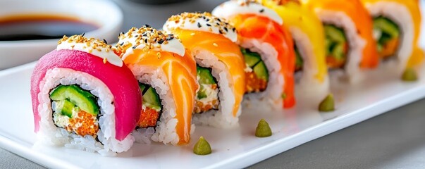 Colorful sushi rolls on a white plate with vibrant garnishes