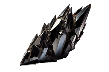 Striking Black Crystal Formation Reflects Intricate Geometric Patterns and Natural Beauty in a Mystical Setting on Transparent PNG Background.