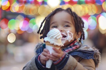 Naklejka premium Child takes delight in every bite of ice cream. Joyous child dreadlocks cheerfully laughing vibrant sunlight. Celebrating natural beauty and unfiltered happiness early childhood.