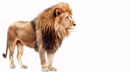 Obraz premium Majestic Lion Portrait: A powerful male lion stands tall against a white backdrop, showcasing his majestic mane and regal presence. The image captures the animal's strength, confidence, and beauty