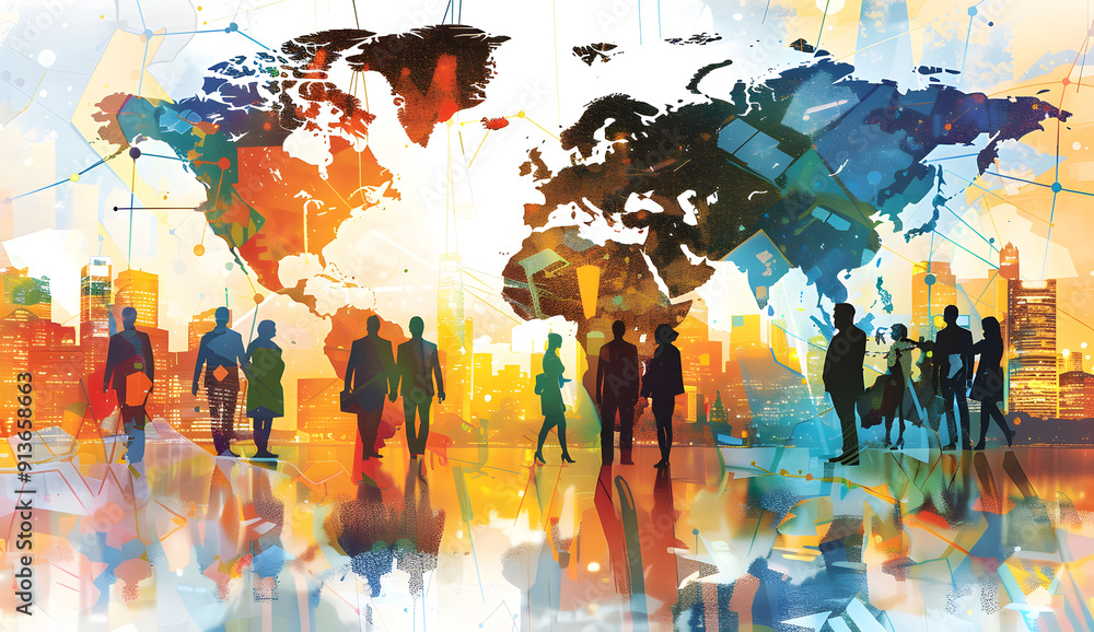 Poster global business structure of networking, illustrate the concept of a worldwide business network with