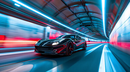 Obraz premium Abstract Car in Tunnel. Time for a fast night drive through the big city