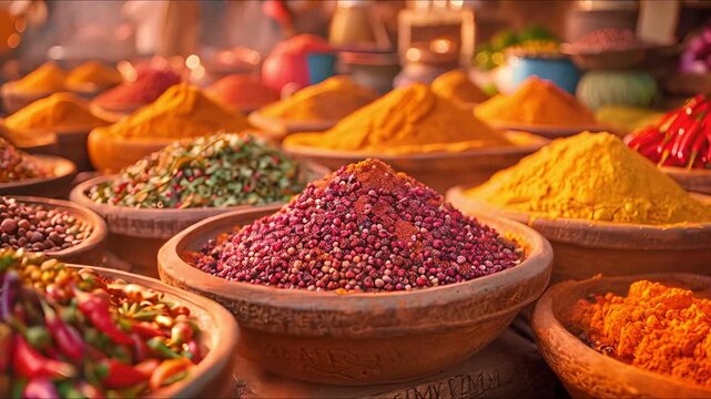 A vibrant display of colorful spices in bowls at a bustling market.